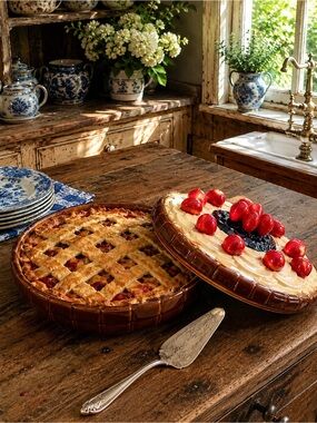 Vintage Majolica Strawberry Blueberry lidded pie keeper/plate